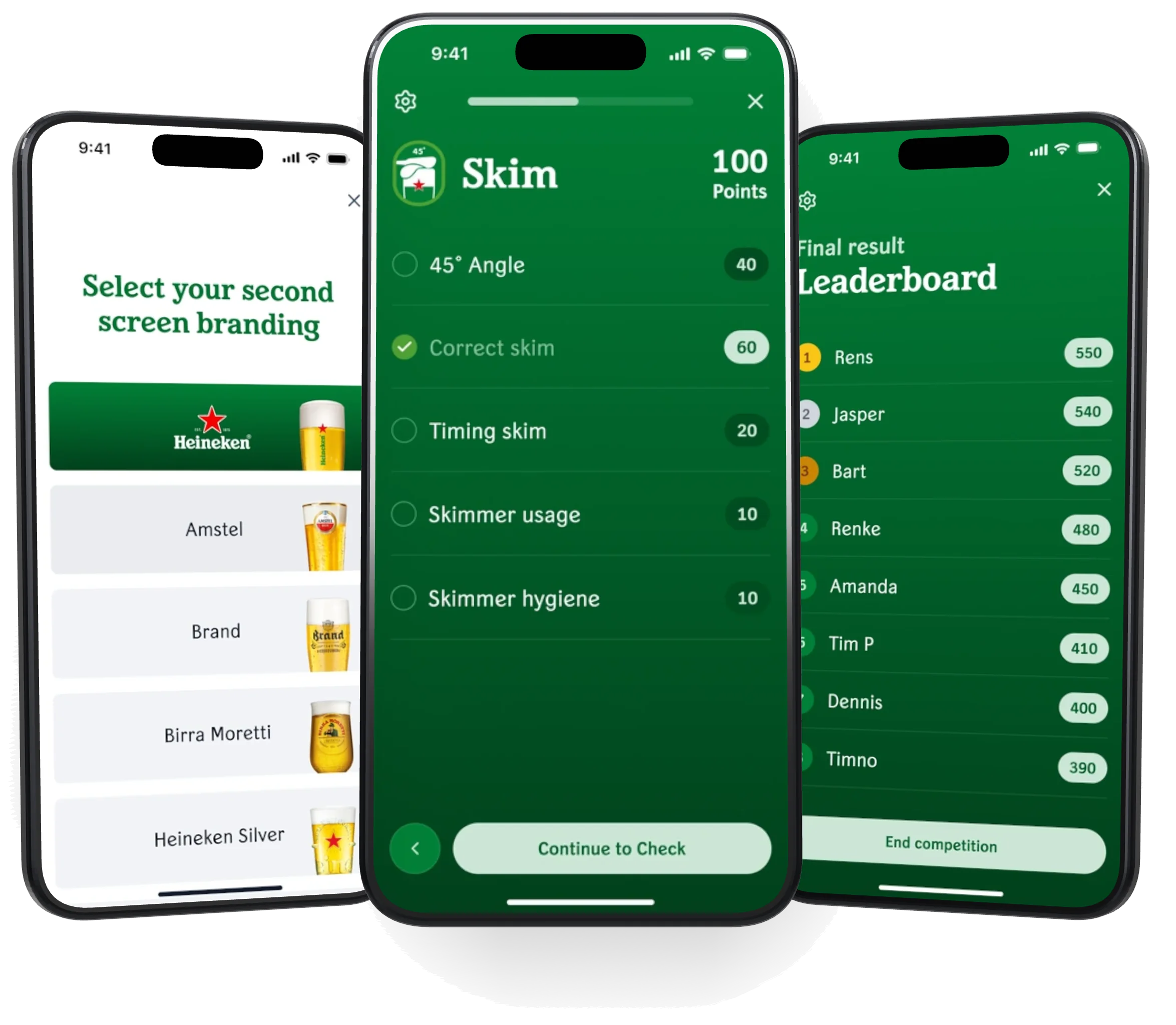Drie telefoons met de Star Quality-app van Heineken: de branding van het tweede scherm kiezen, de afschuimstap die wordt gescoord en het eindklassement