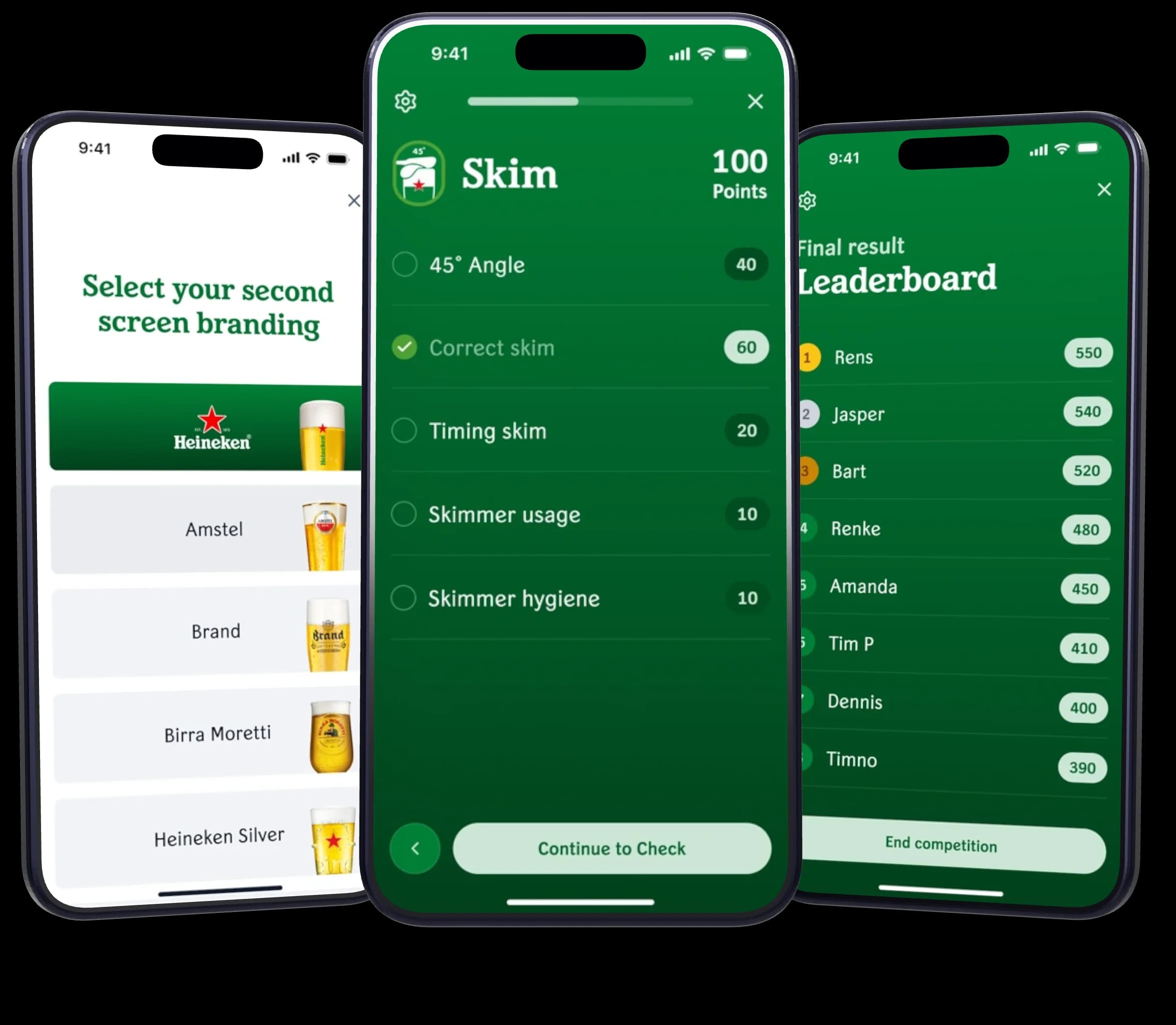 Drie telefoons met de Star Quality-app van Heineken: de branding van het tweede scherm kiezen, de afschuimstap die wordt gescoord en het eindklassement