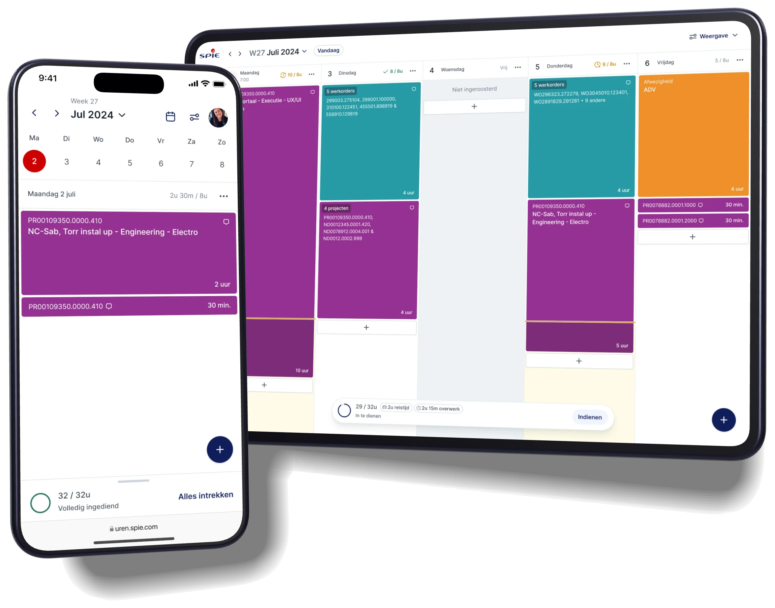 De tijdregistratie van SPIE op een telefoon en een tablet: de uren van één dag op de telefoon, en een week aan werkorders, projecten en verlof op de tablet