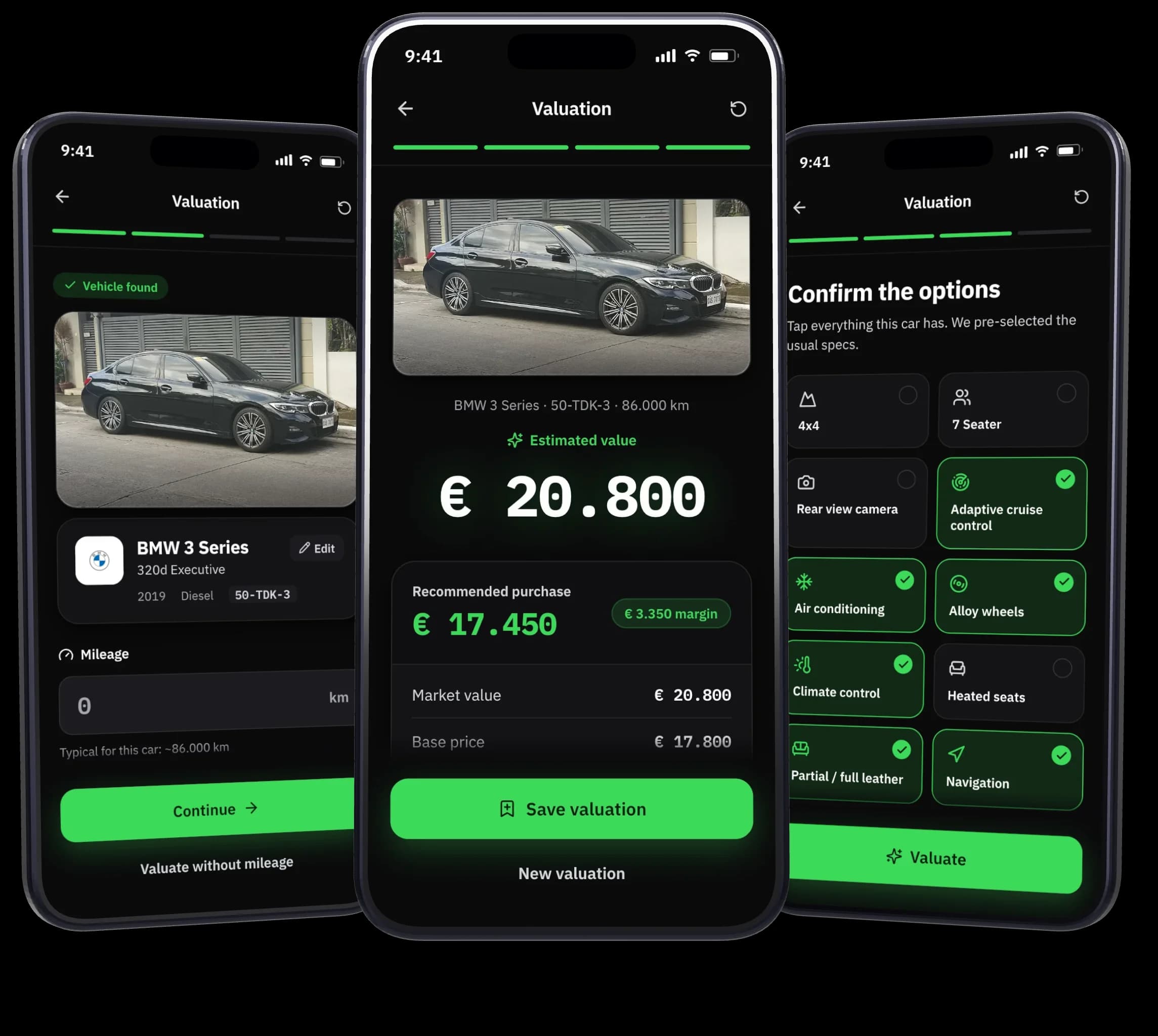Het prototype op drie telefoons: de taxatie vooraan, de gevonden auto en de opties aan weerszijden